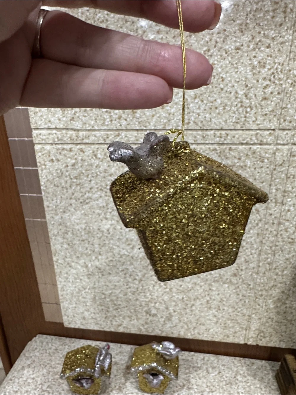 Vintage Gold & Silver Glitter Birdhouse Holiday Ornaments set 3
